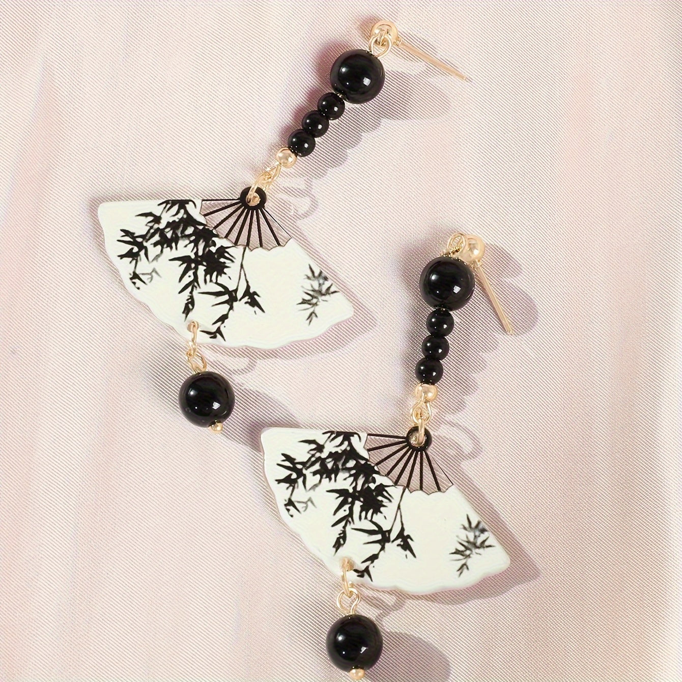 Retro Chinese Style Long Silvery Needle Ink Painting Fan Shaped Resin Earrings
