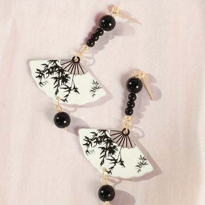 Retro Chinese Style Long Silvery Needle Ink Painting Fan Shaped Resin Earrings