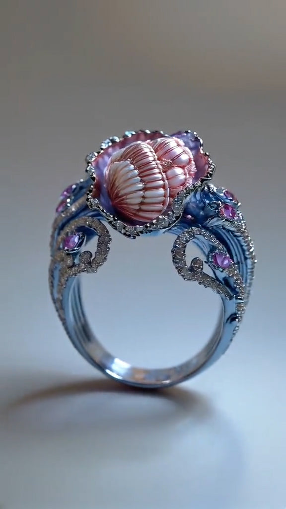 Gorgeous Ocean - Inspired Blue Plated Ring with Pink Shell - like Centerpiece and Gemstone
