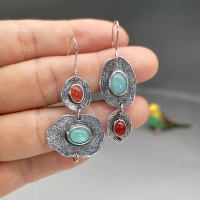Bohemian mint chalcedony and artificial coral earrings