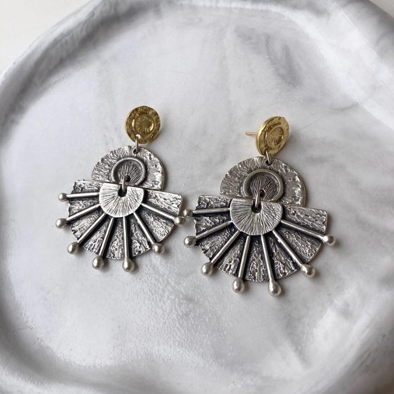 Vintage Boho Anatolian Hammered Ethnic Dangle Gold Antique Silver Earrings