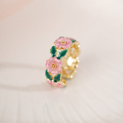 French Enamel Pink Camellia Forest  Ring
