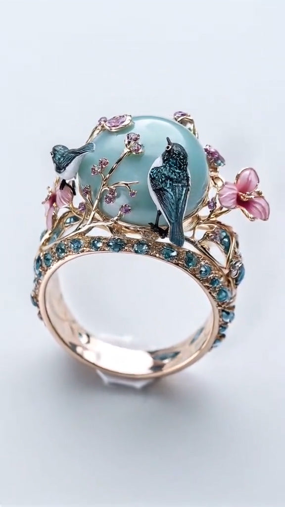 Charming Bird - and - Blossom - Inspired 18K Gold Ring with Aquamarine Centerpiece