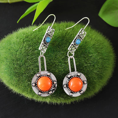 Vintage Round Shape Hammer Pattern Turquoise Inlaid Dangle Earrings