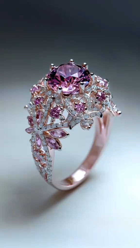 Exquisite Pink Gemstone and Diamond - Embellished Rose Gold Ring