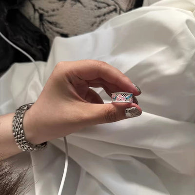 Enamel Hollow Plum Blossom Floral Ring