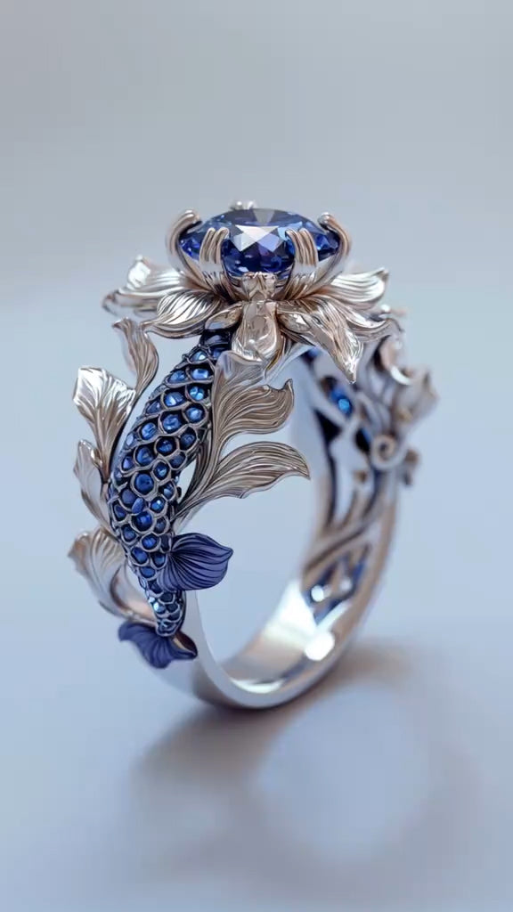Exquisite Lotus - Koi Fish Inspired Sterling Silver Ring with Sapphire Accents