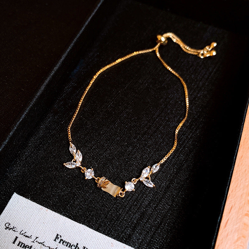 Zircon Bamboo Knot Leaf Flower Bracelet