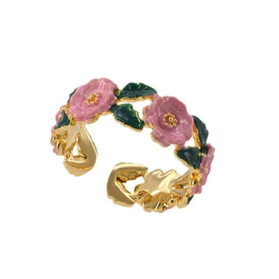 French Enamel Pink Camellia Forest  Ring