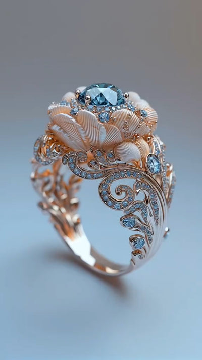 Elegant Rose - Gold Ring with Blue Gemstone and Shell - inspired Design