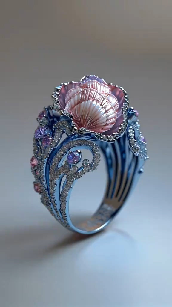 Gorgeous Ocean - Inspired Blue Plated Ring with Pink Shell - like Centerpiece and Gemstone