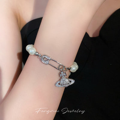 Zircon Saturn Pin Pearl Necklace