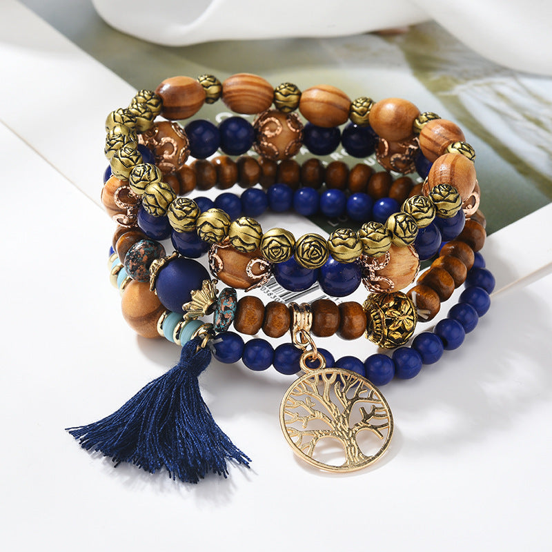 Wooden Handmade Life Tree Beaded Tassel Multi-layer Bracelet