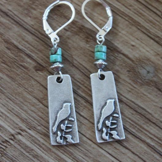 Vintage Turquoise Silver Boho Bird Earrings