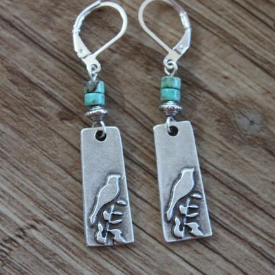 Vintage Turquoise Silver Boho Bird Earrings