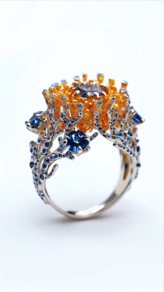 Exquisite Coral - Inspired Sterling Silver Ring with Sapphire and Citrine Accents