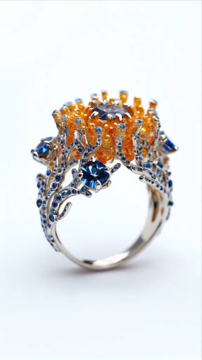 Exquisite Coral - Inspired Sterling Silver Ring with Sapphire and Citrine Accents
