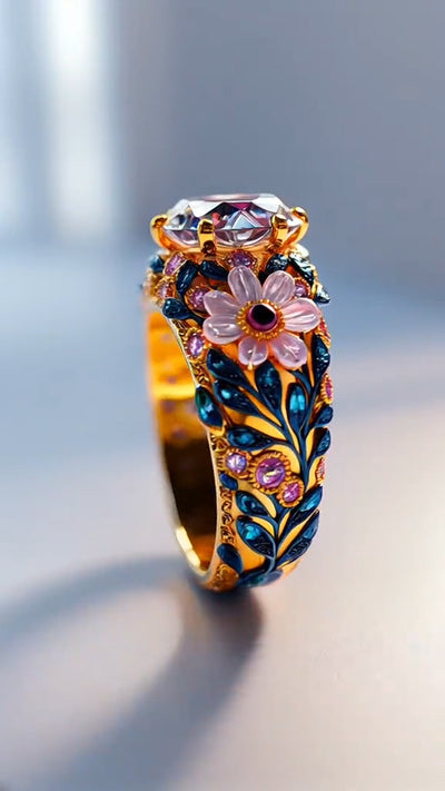 Gorgeous Gold - Plated Ring with Floral Enamel and Sparkling Gemstones