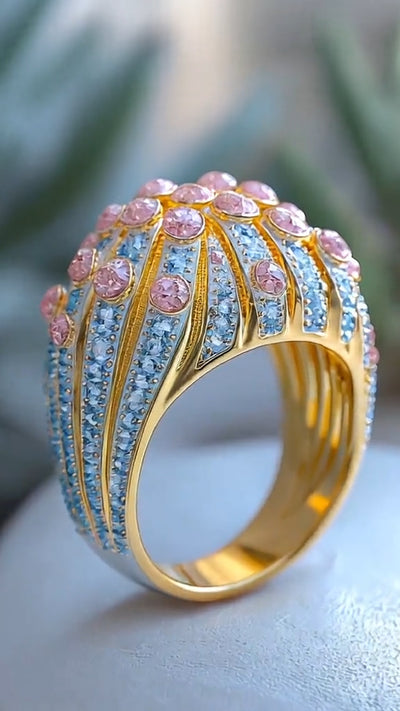 Gorgeous Gem - encrusted Gold Ring: A Blend of Blue and Pink Radiance
