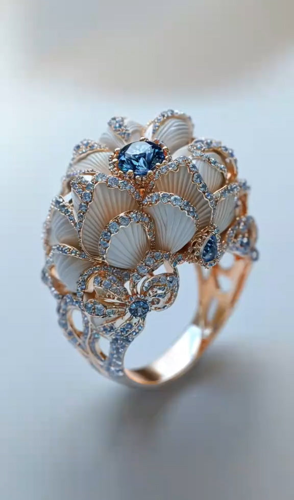 Exquisite Rose Gold Ring with Blue Sapphire and Shell - Inspired Design