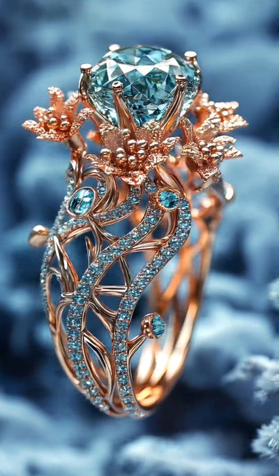 Enchanting Aquamarine Rose Gold Ring: Nature - Inspired Floral Design
