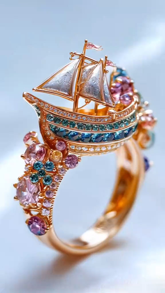 Luxurious Rose Gold Sailing Ship - Inspired Ring Embellished with Multicolored Gemstones