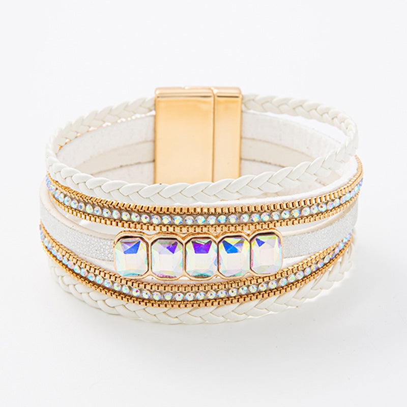 Colored Crystal Multi-layer Leather  Bracelet