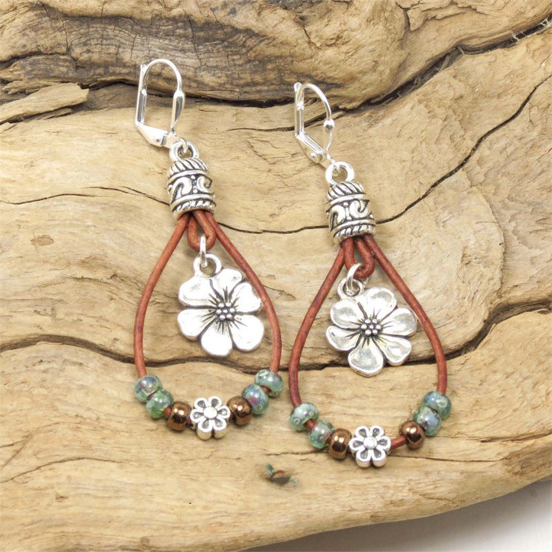 Bohemian Leather Cord Flower Earrings
