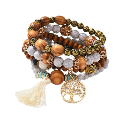 Wooden Handmade Life Tree Beaded Tassel Multi-layer Bracelet