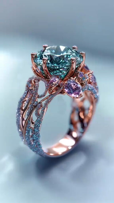 Luxurious Rose Gold Ring Embellished with Aquamarine and Sparkling Diamonds