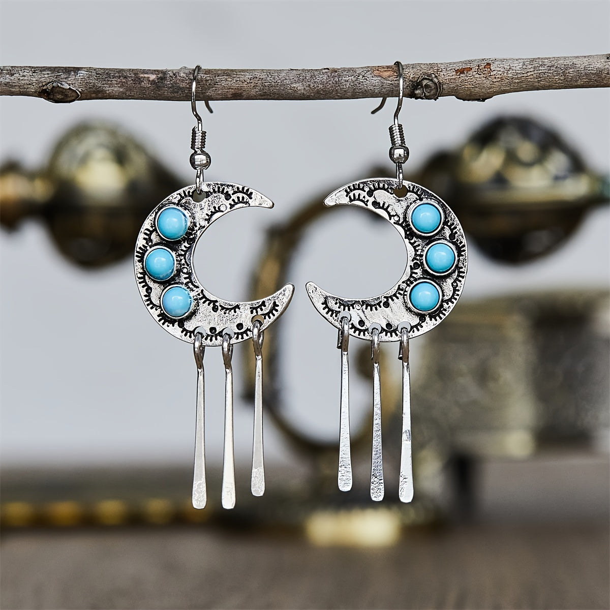 Boho Silvery Moon-Shaped Earrings with Synthetic Faux Gemstones and Tassel Pendant