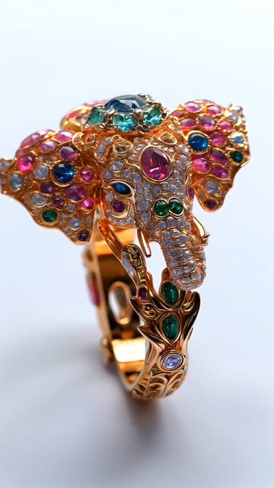 Exquisite Multicolored Gem - encrusted Elephant - shaped Gold Ring