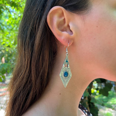 Vintage Boho Silver Dangle Earrings with Blue Enamel, Tribal Arrowhead Shape with Engraved Patterns