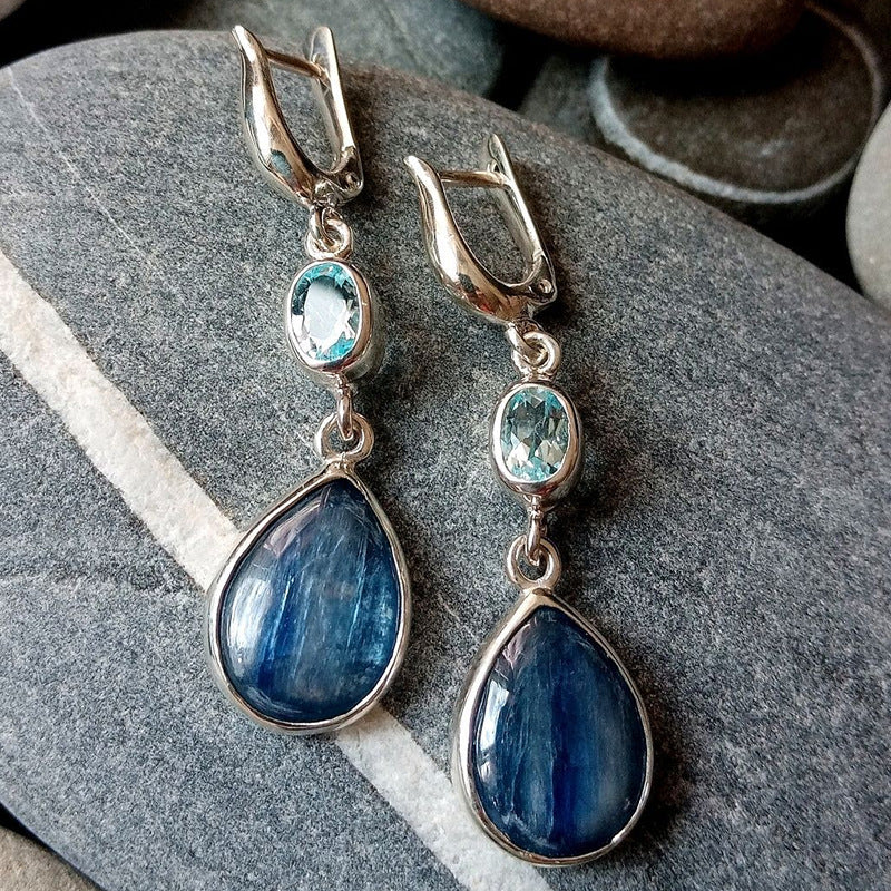 Elegant Silver Earrings with Aquamarine and Banded Blue Gemstones