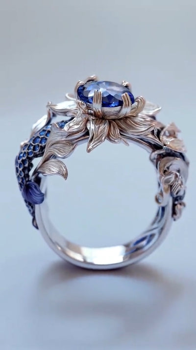 Exquisite Lotus - Koi Fish Inspired Sterling Silver Ring with Sapphire Accents