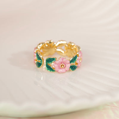 French Enamel Pink Camellia Forest  Ring