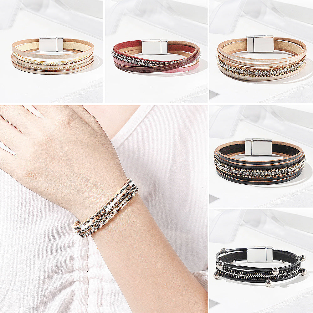 Multi Layer Leather  Magnetic Buckle Bracelet
