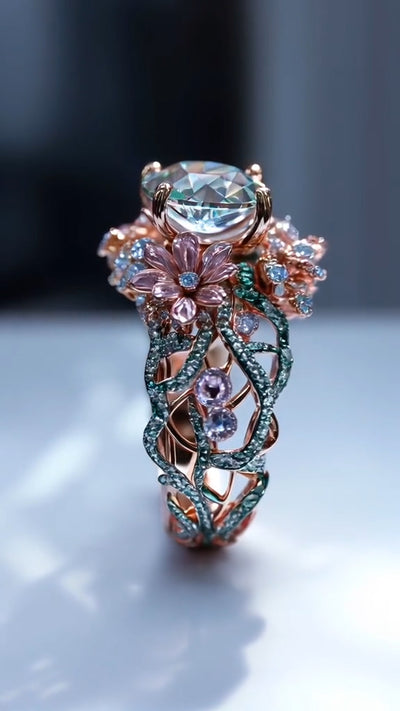 Enchanting Floral - Inspired Rose Gold Ring with Aquamarine Centerpiece and Gemstone Accents