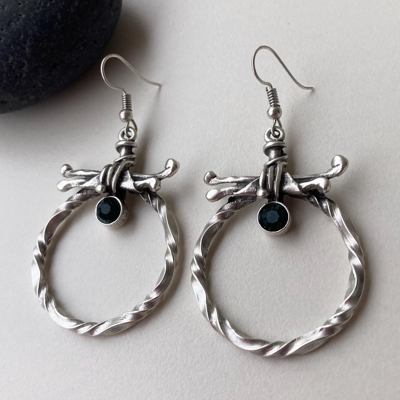 Vintage Boho Gothic Silver Twisted Hoop Statement Earrings with Dark Green Zircon