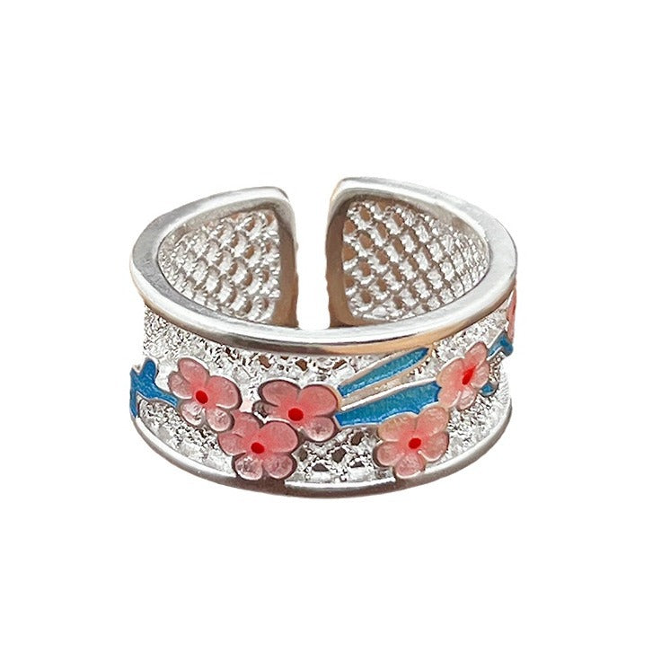 Enamel Hollow Plum Blossom Floral Ring