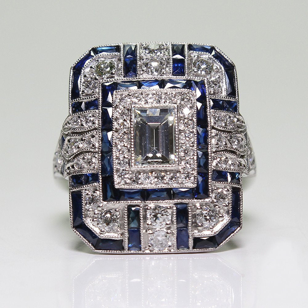 Square Blue And White Zircon Ring