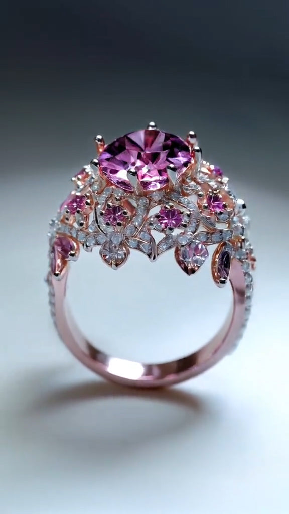 Exquisite Pink Gemstone and Diamond - Embellished Rose Gold Ring
