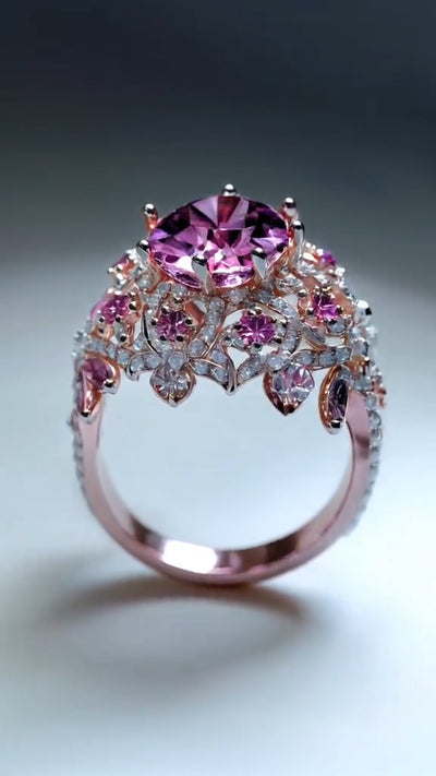 Exquisite Pink Gemstone and Diamond - Embellished Rose Gold Ring