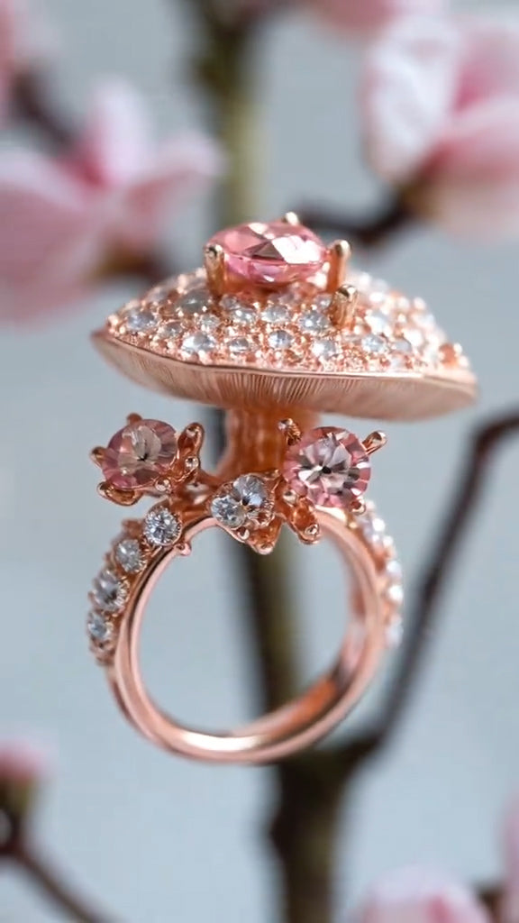 Charming Mushroom - inspired Rose Gold Ring with Pink Gemstones