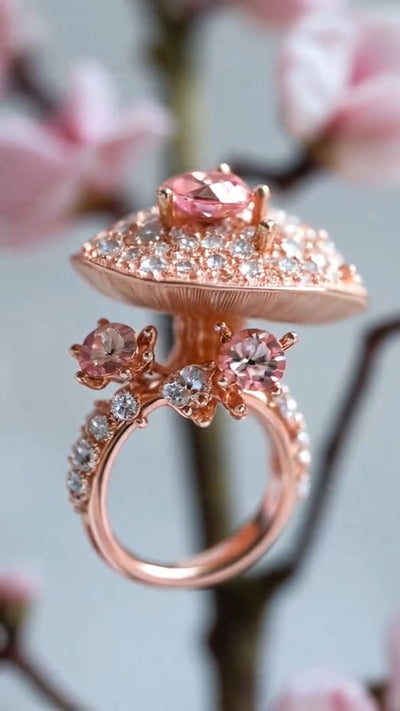 Charming Mushroom - inspired Rose Gold Ring with Pink Gemstones
