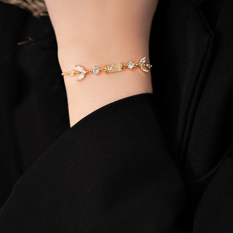 Zircon Bamboo Knot Leaf Flower Bracelet