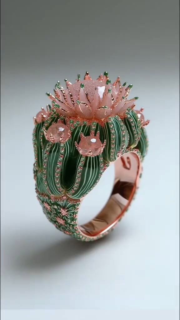 Stunning Cactus - inspired Rose Gold Ring with Pink Gemstones