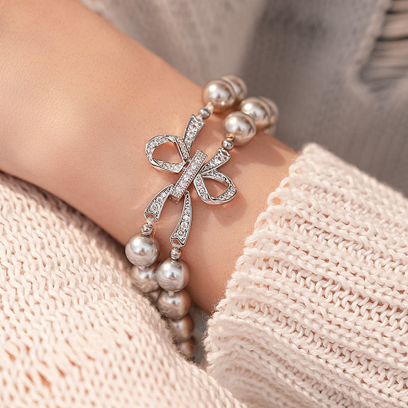 Zircon Bow Gray  Pearl Buckle Bracelet
