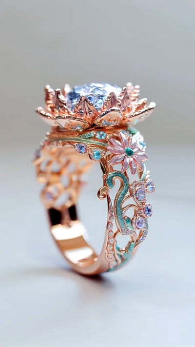 Enchanting Rose - Gold Lotus - Inspired Ring with Multicolored Gemstones