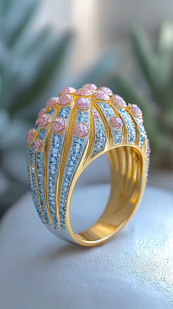 Gorgeous Gem - encrusted Gold Ring: A Blend of Blue and Pink Radiance
